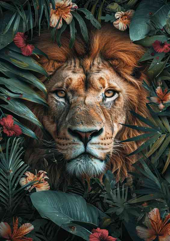 Jungle lion through the flowers