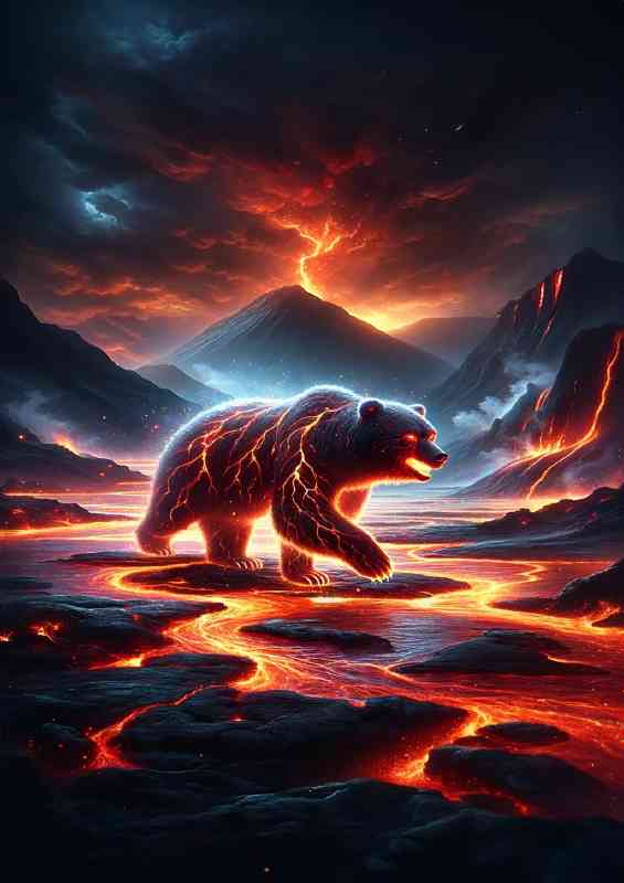 Lava Bear pacing along a river of molten rock