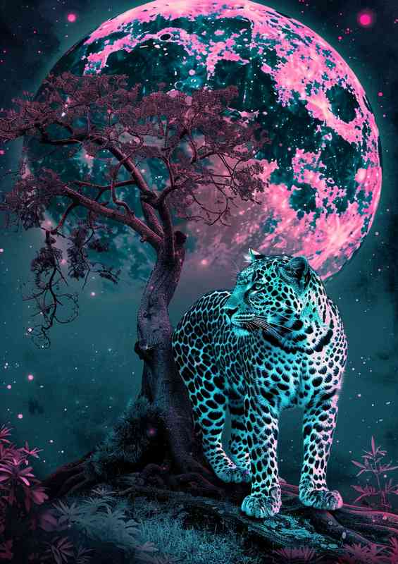 Leopard is standing in front of a tree and moon