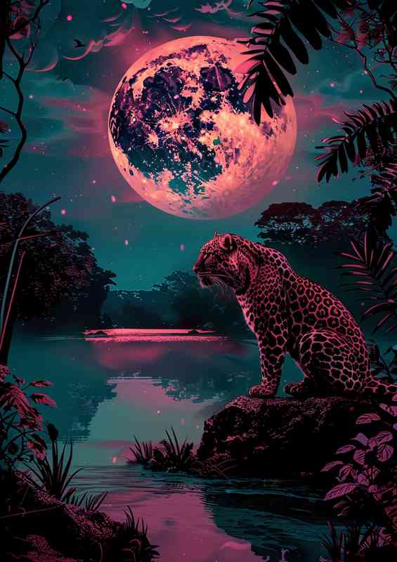 Leopard under a full moon