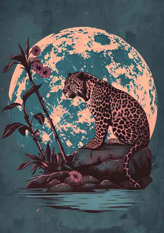 Leopard under a full moon by the lagoon