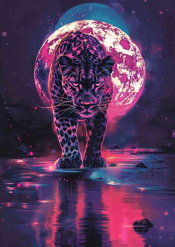 Leopard under a full moon walking