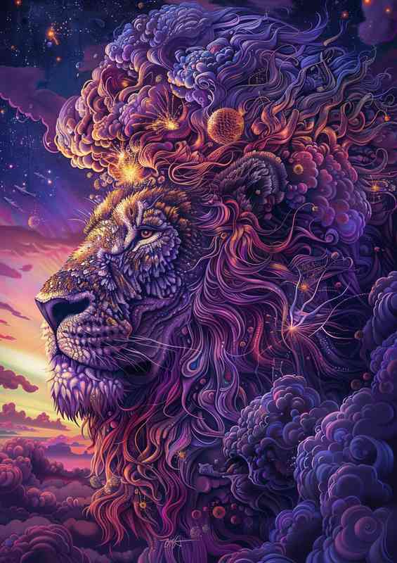 Lion on a colorful sky background
