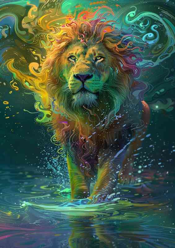 Lion standing in the lake
