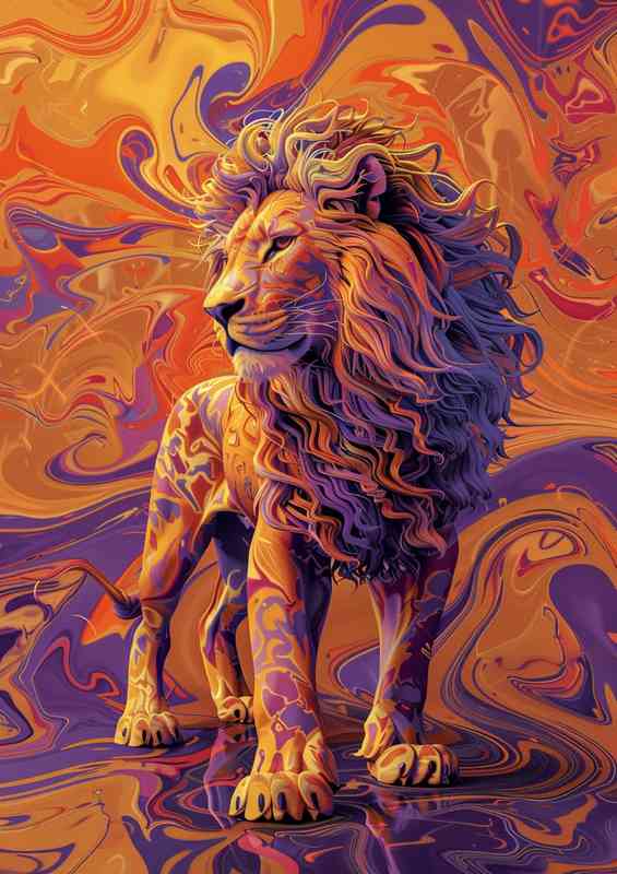 Lion standing on an orange and purple