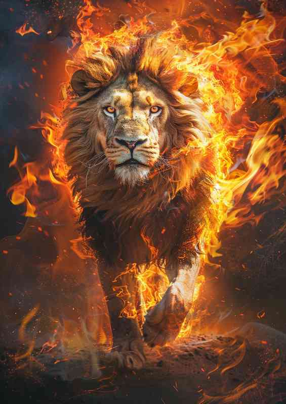 Lion walking through the flames