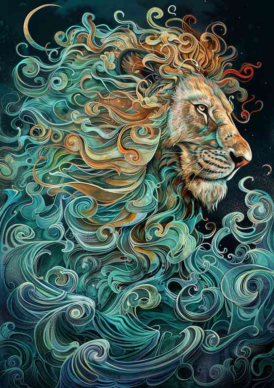 Lion with his blue and brown swirly main