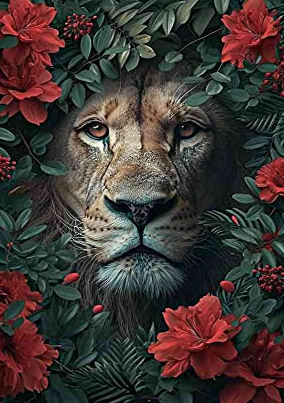 Lions face embraced with red flowers