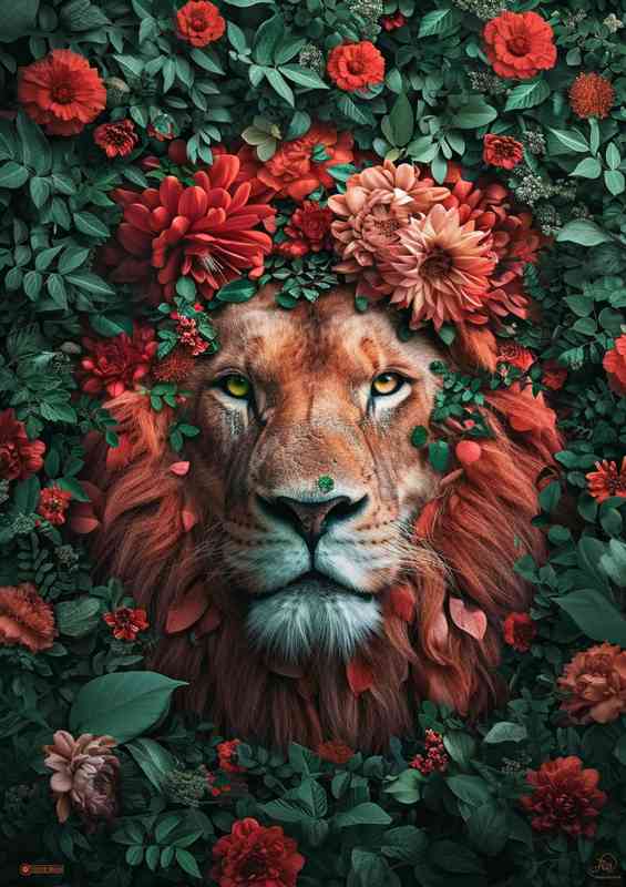 Lions face surrounded by flowers