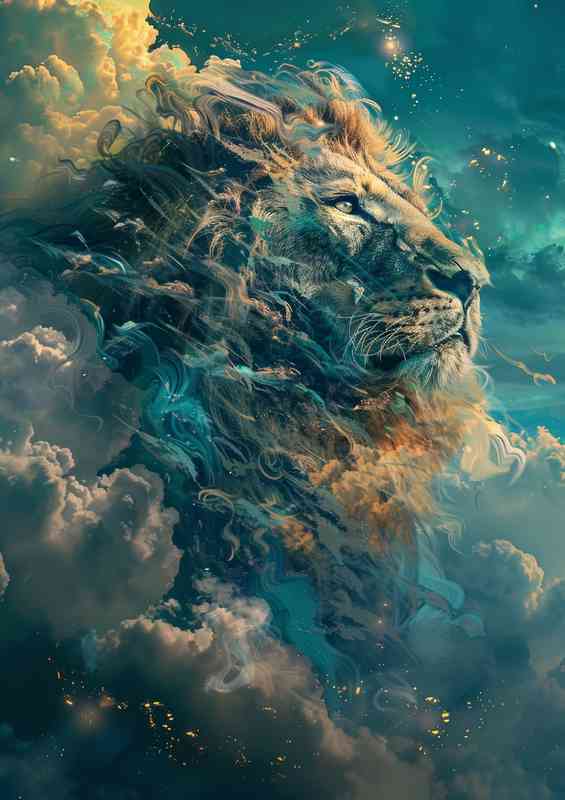 Lions head in a cloudy blue sky