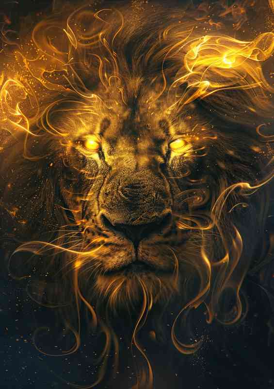 Lions head with golden flames | Metal Poster
