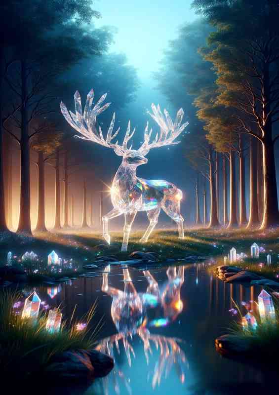Majestic Deer made of clear quartz crystals in a twilight grove