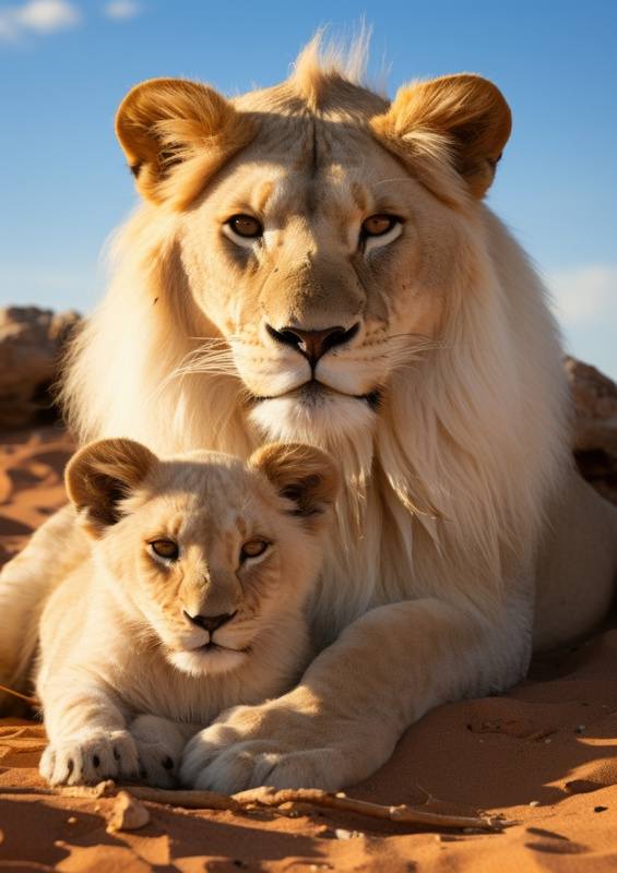 Male and female lions lying in the sand