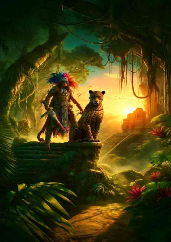Mayan warrior accompanied by a mystical jaguar