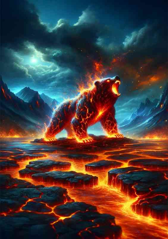 Molten lava Bear roaring in a volcanic landscape