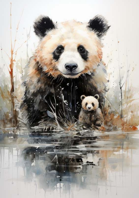Mumand baby panda by the lake