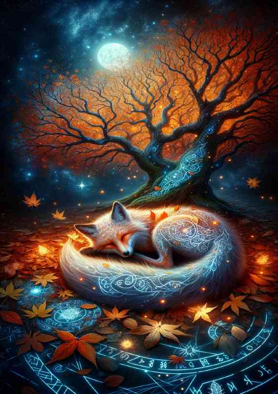 Mystical Fox adorned with autumn leaves and glowing runes