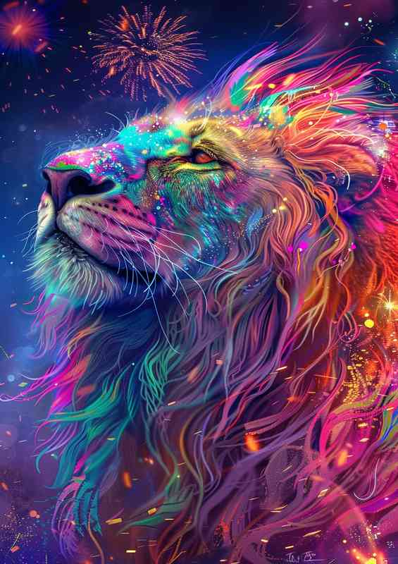Painted lion looking at night fireworks