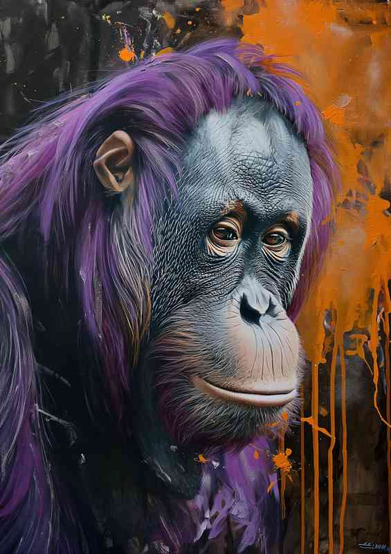 Painting is of an orangutan in purple