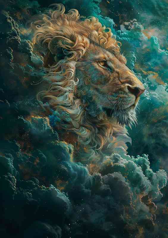 Painting of a lion surrounded by blue and cloudy