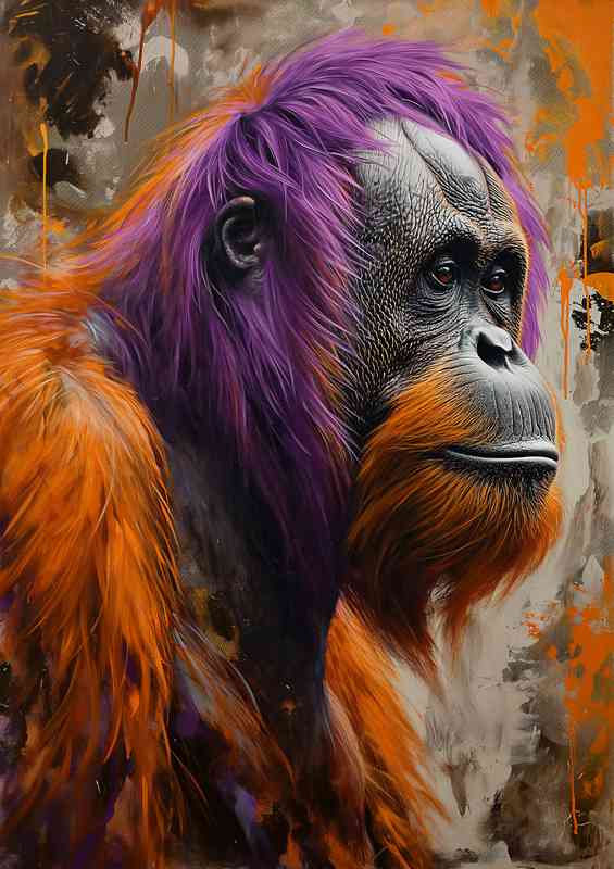 Painting orangutan with bright purple hair