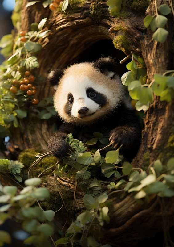 Panda Bear Cubby is hanging in a tree branch