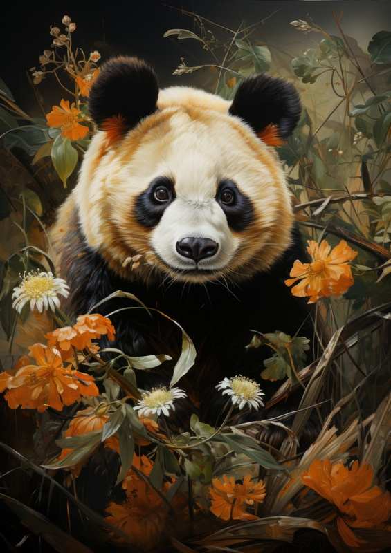 Panda surrounded by orange flowers