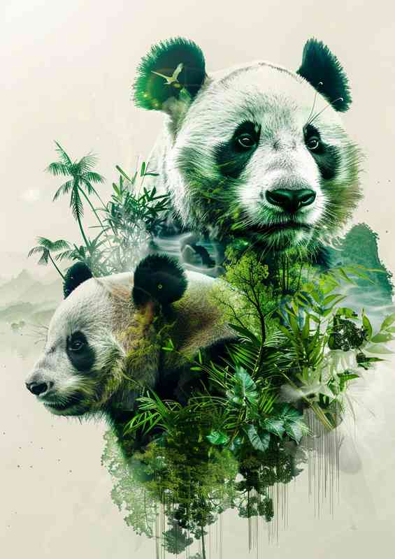 Pandas in jungle double exposure