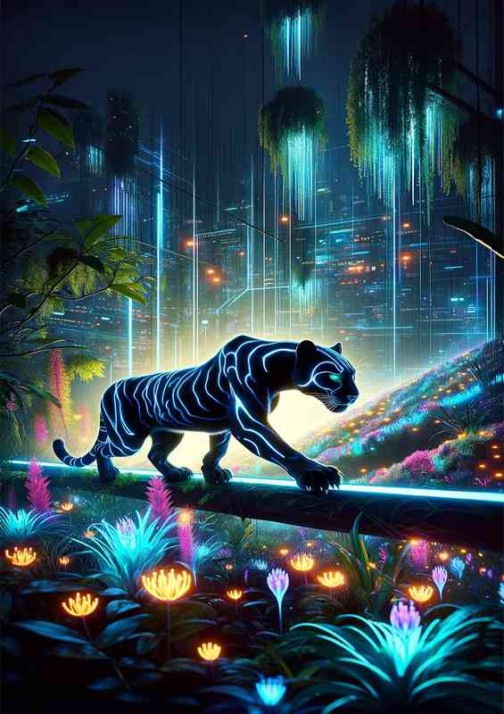 Panther with bioluminescent stripes prowling neon jungle