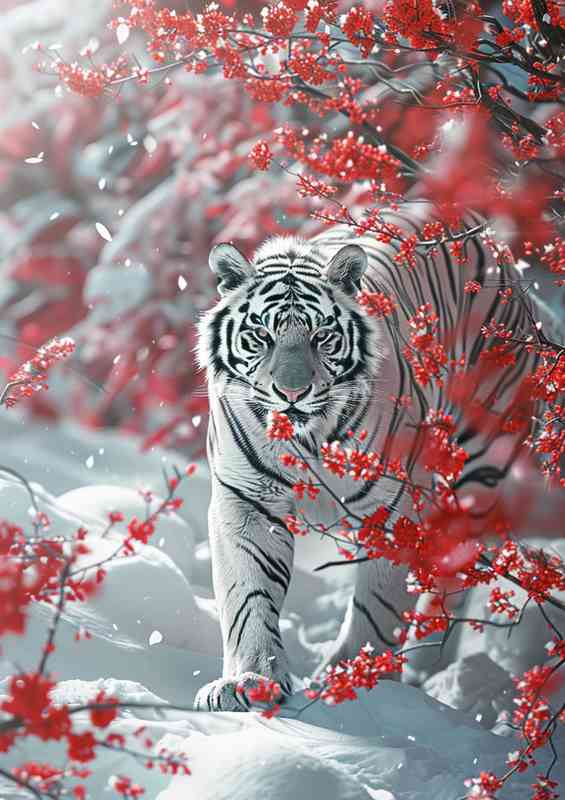 Red Blossom tree with a white Tiger