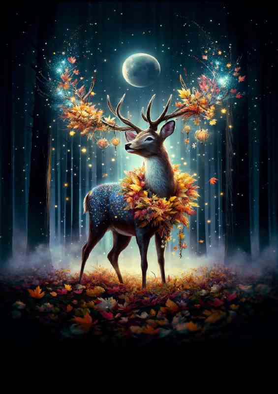 Regal Deer adorned with a garland of autumn leaves and starlight