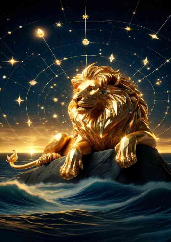 Regal Lion crafted from golden lounging under a starry night sky