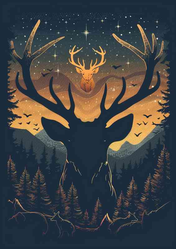 Silhouette of deer with antlers made from trees night