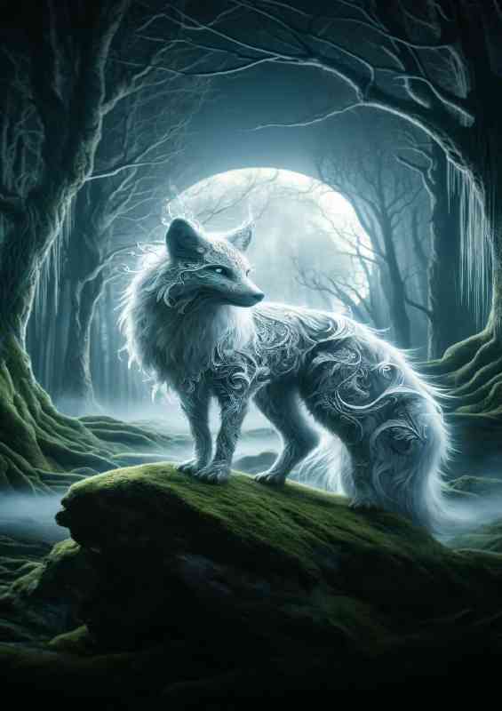 Silver fox with intricate fur patterns glowing softly in a moonlit forest
