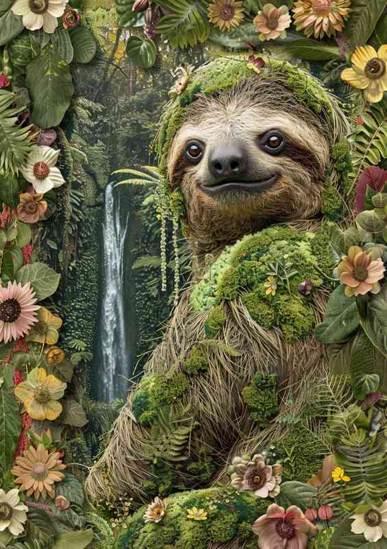 Sloth collage made of foliage flowers and waterfalls