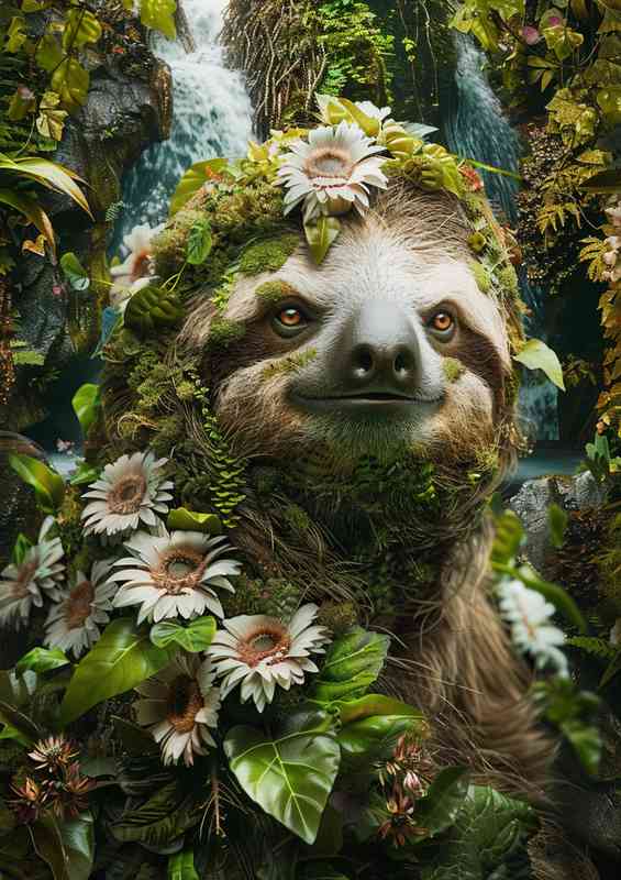 Sloth foliage flowers and waterfalls