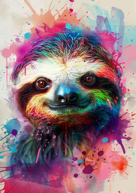 Sloth heas with colour paint splashes | Metal Poster