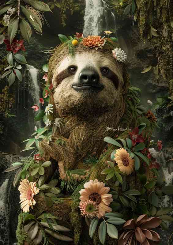 Sloth surrounded by flowers and foliage