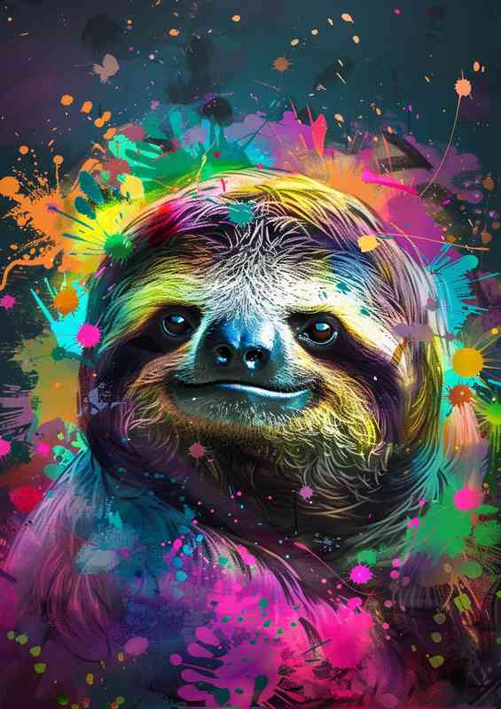 Sloth with black and colourful paint splashes