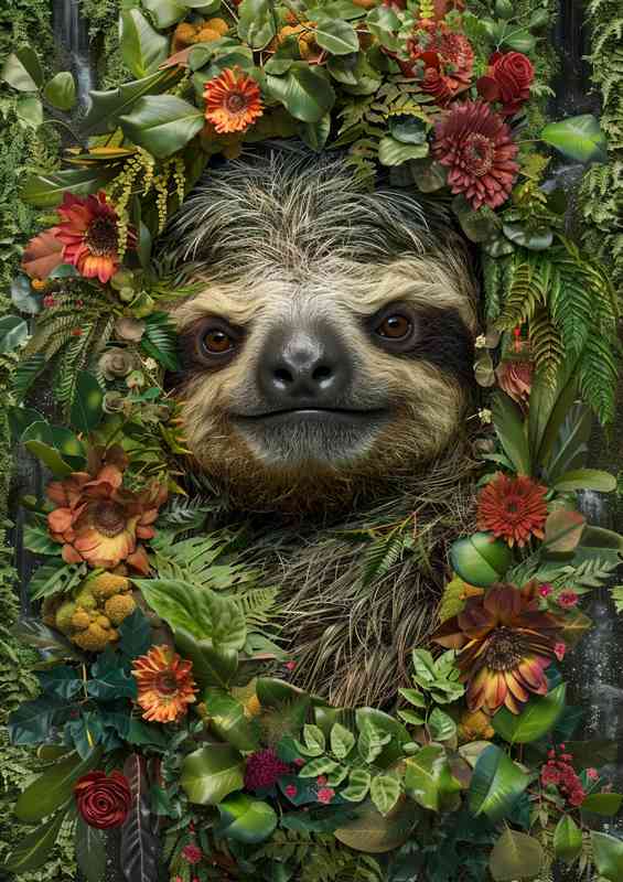 Sloths face with flowers and foliage