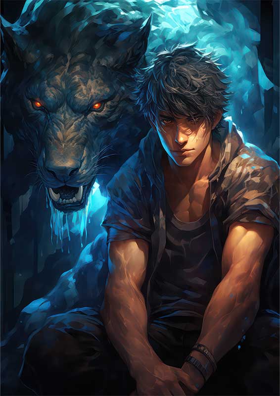 Anime with a person and a large beast in blue