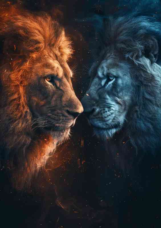 The blue and orange Lions facing each others