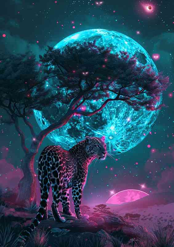 The leopard is standing in front of a tree