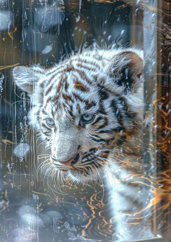 The white tiger cub is seen behind a window