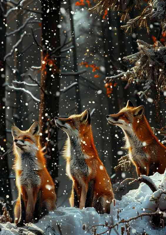 Three foxes standing in the snow