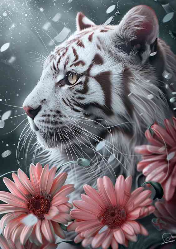 Tiger White cat pink flowers