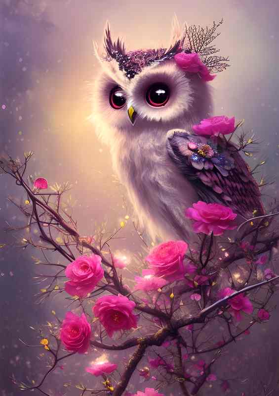 Fantasy Cute Owl Pearched An A Tree In Flower