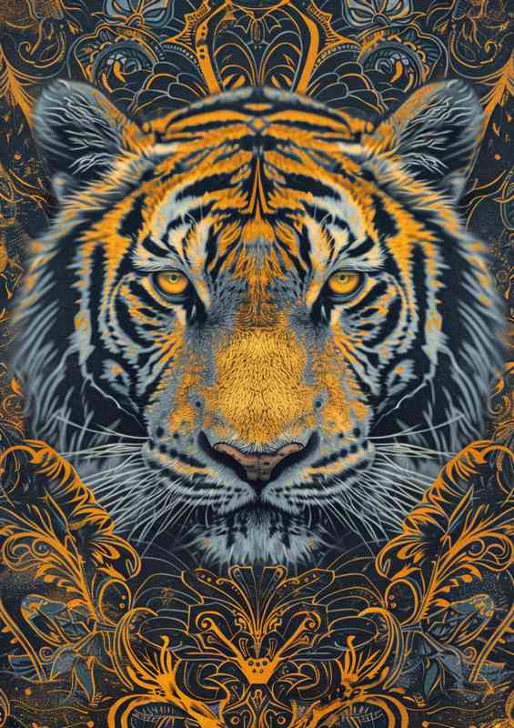Tigers head with golden and yellow hues