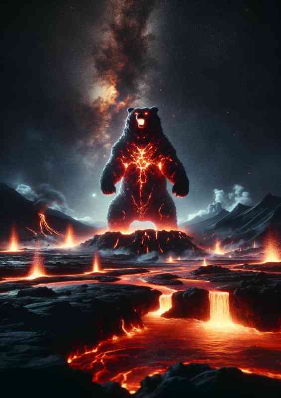 Towering lava Bear standing amidst erupting geysers