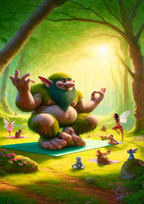 Troll humorously taking a yoga class in a peaceful park setting
